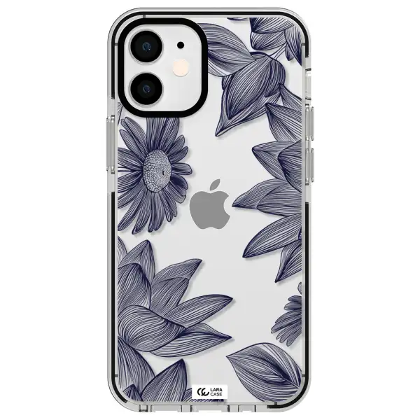 Blue Line Flower Apple iPhone 12 mini impact black border Case