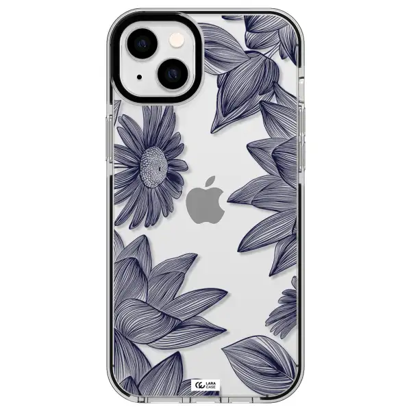 Blue Line Flower Apple iPhone 14 plus impact black border Case