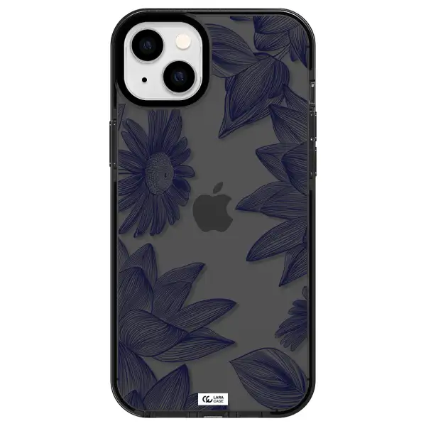 Blue Line Flower Apple iPhone 14 plus impact Smoke Black Case