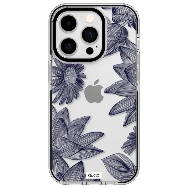 Blue Line Flower Apple iPhone 14 pro impact black border Case