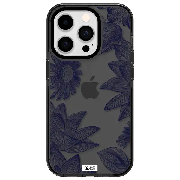 Blue Line Flower Apple iPhone 14 pro impact Smoke Black Case