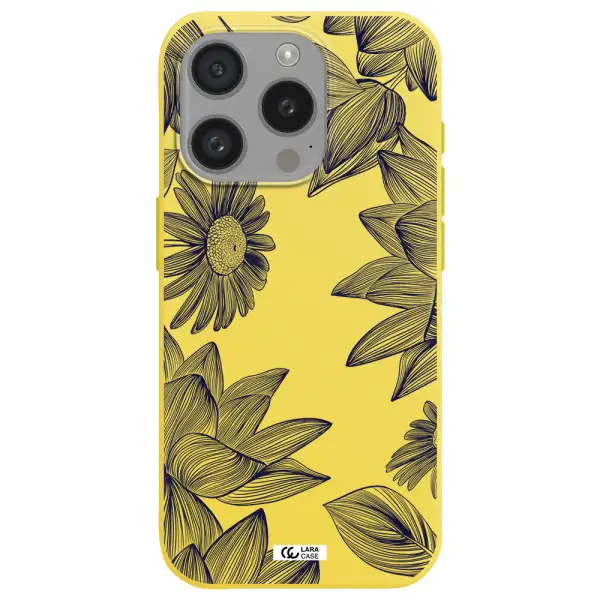 Blue Line Flower Apple Iphone 15 Pro Silicone Canary Yellow Case