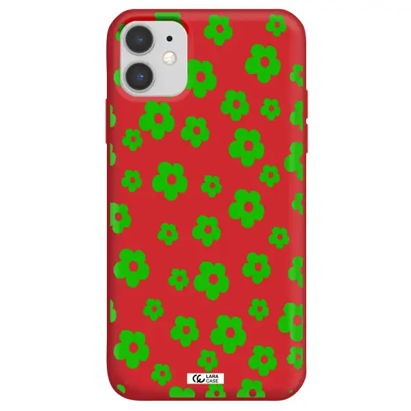 Five Petal Green Flower Apple iPhone 11 Silicone Imperial Red Case