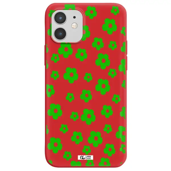 Five Petal Green Flower Apple iPhone 12 mini Silicone Imperial Red Case