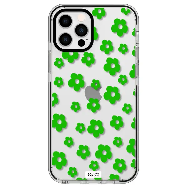 Five Petal Green Flower Apple iPhone 12 pro impact black border Case