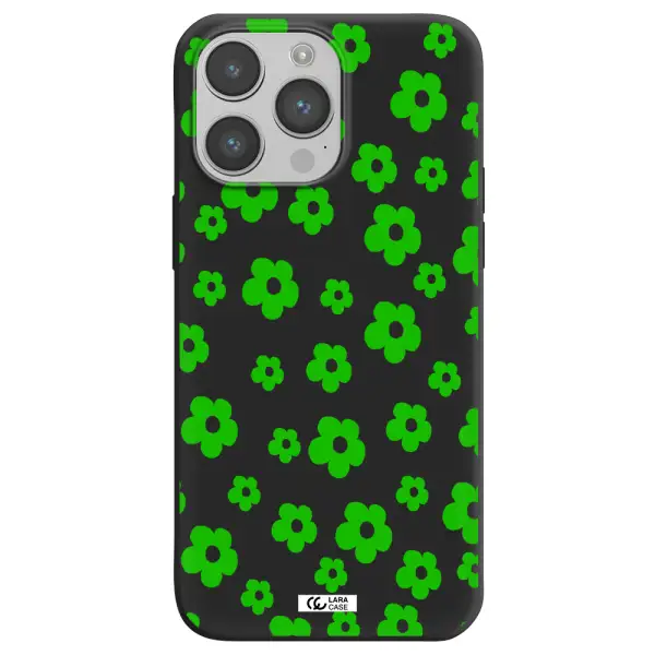 Five Petal Green Flower Apple iPhone 14 pro max Silicone black Case