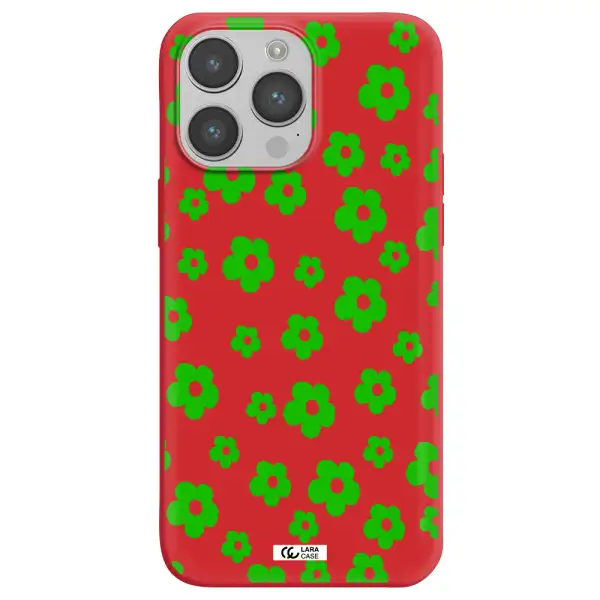 Five Petal Green Flower Apple iPhone 14 pro Silicone Imperial Red Case