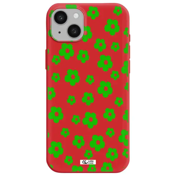 Five Petal Green Flower Apple iphone 15 plus Silicone Imperial Red Case