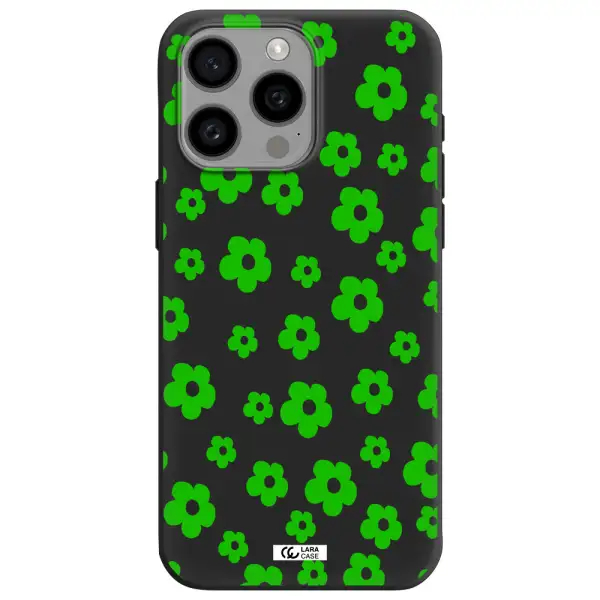 Five Petal Green Flower Apple Iphone 15 Pro max Silicone black Case