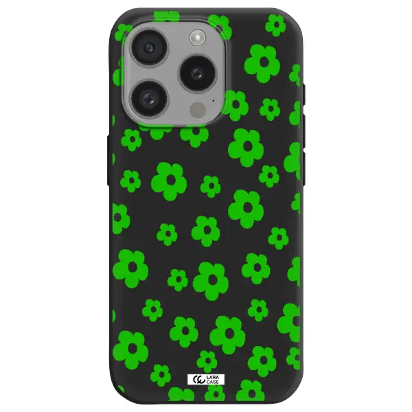 Five Petal Green Flower Apple Iphone 15 Pro Silicone Black Case