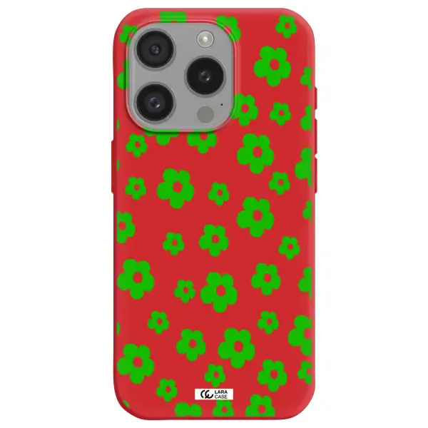 Five Petal Green Flower Apple Iphone 15 Pro Silicone Imperial Red Case