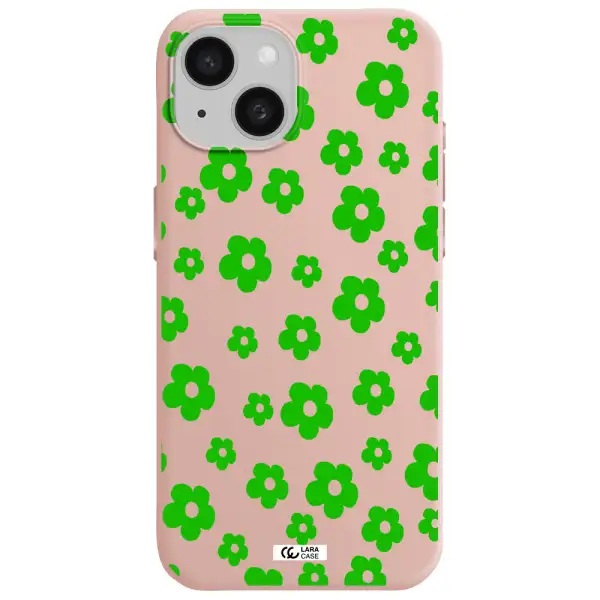 Five Petal Green Flower Apple Iphone 15 Silicone Pastel Pink Case