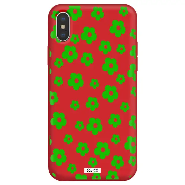 Five Petal Green Flower Apple iPhone XS Silicone Imperial Red Case