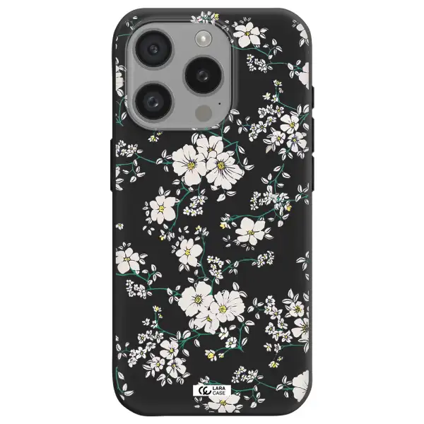 White Flower Apple Iphone 15 Pro Silicone Black Case