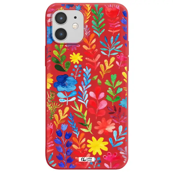 Colorful Watercolor Flowers Apple iPhone 12 Silicone Imperial Red Case