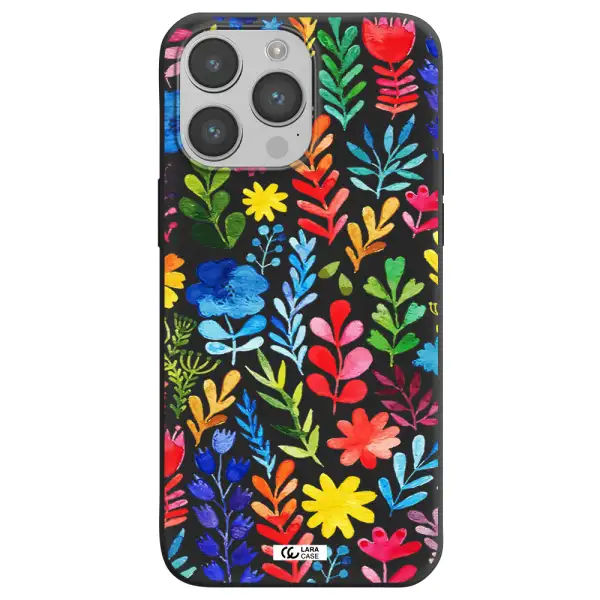Colorful Watercolor Flowers Apple iPhone 14 pro max Silicone black Case