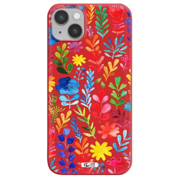 Colorful Watercolor Flowers Apple iPhone 14 Silicone Imperial Red Case
