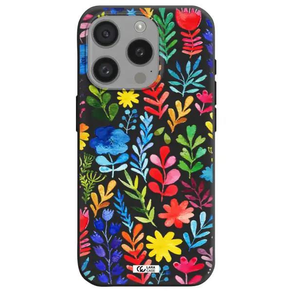 Colorful Watercolor Flowers Apple Iphone 15 Pro Silicone Black Case