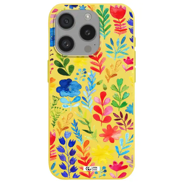 Colorful Watercolor Flowers Apple Iphone 15 Pro Silicone Canary Yellow Case
