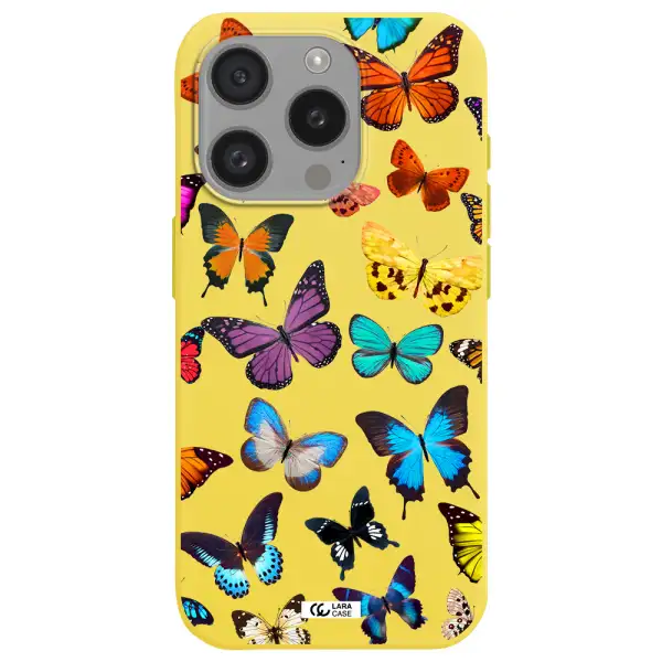 Colorful Butterflies Apple Iphone 15 Pro Silicone Canary Yellow Case