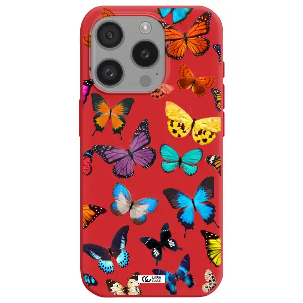 Colorful Butterflies Apple Iphone 15 Pro Silicone Imperial Red Case