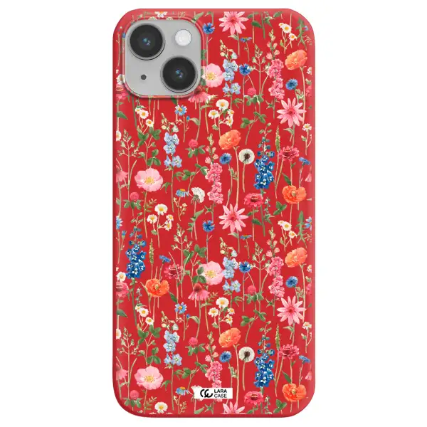 Green Blue Red Flowers Apple iPhone 14 Silicone Imperial Red Case