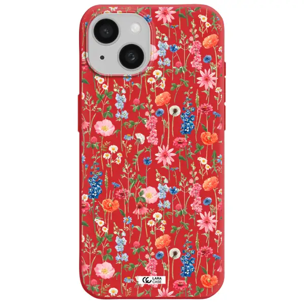Green Blue Red Flowers Apple Iphone 15 Silicone Imperial Red Case