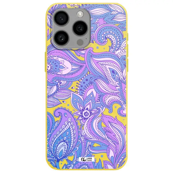 Purple Paisley Apple Iphone 15 Pro max Silicone canary yellow Case