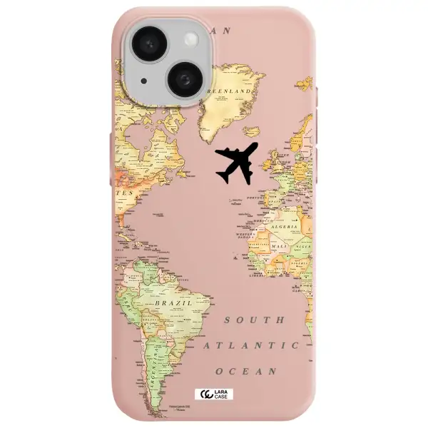 Travel Map Apple Iphone 15 Silicone Pastel Pink Case