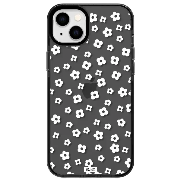 Five Petal White Flower Apple iPhone 14 plus impact Smoke Black Case