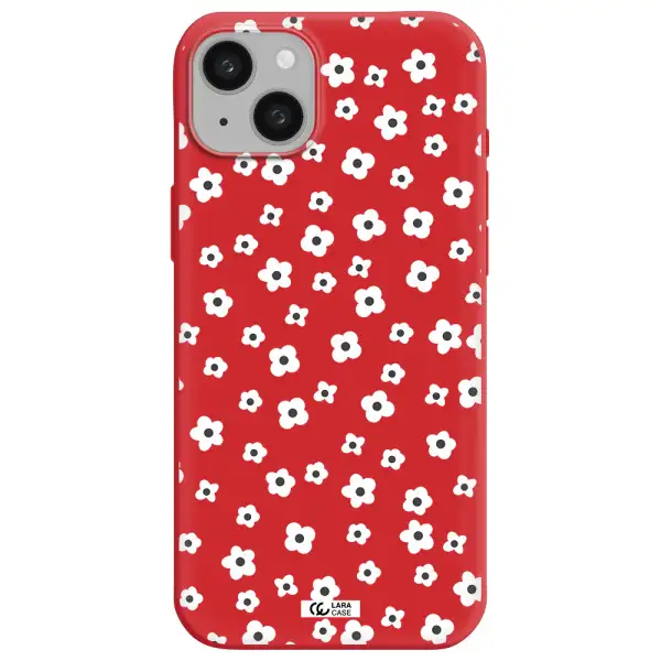 Five Petal White Flower Apple iphone 15 plus Silicone Imperial Red Case