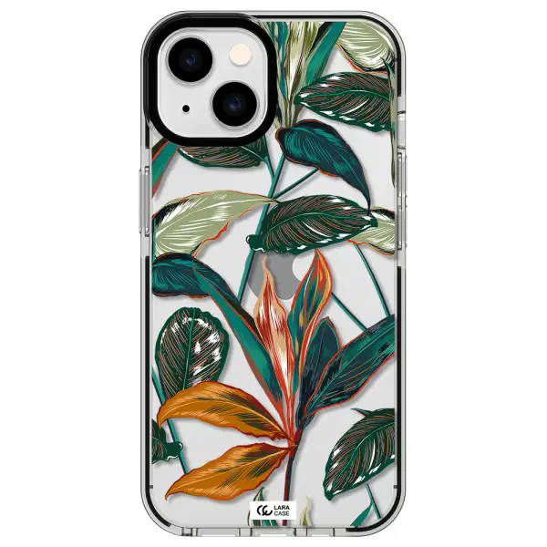 Colorful Tropical Leaves Apple iPhone 14 impact black border Case