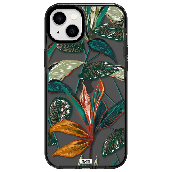 Colorful Tropical Leaves Apple iPhone 14 plus impact Smoke Black Case
