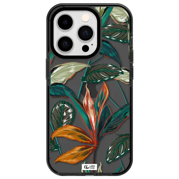 Colorful Tropical Leaves Apple iPhone 14 pro impact Smoke Black Case