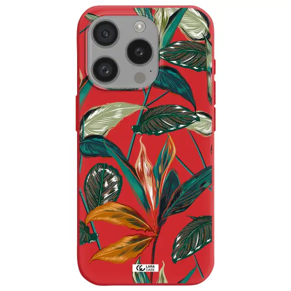 Colorful Tropical Leaves Apple Iphone 15 Pro Silicone Imperial Red Case