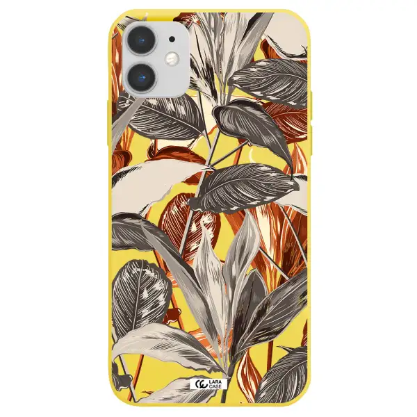 Brown Tropical Leaves Apple iPhone 11 Silicone canary yellow Case