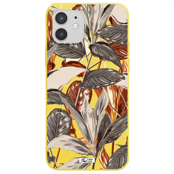 Brown Tropical Leaves Apple iPhone 12 mini Silicone canary yellow Case