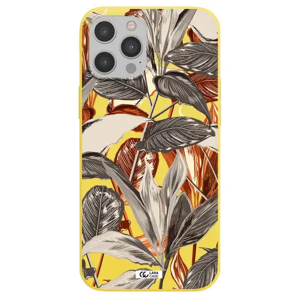 Brown Tropical Leaves Apple iPhone 12 pro max Silicone canary yellow Case