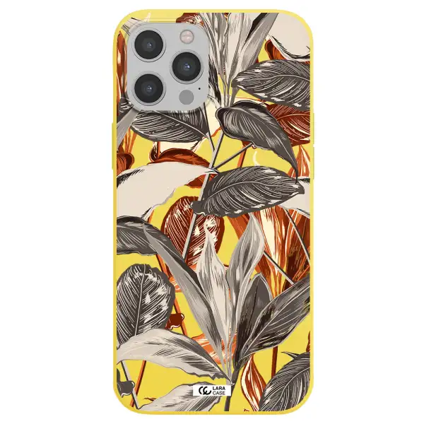 Brown Tropical Leaves Apple iPhone 12 pro Silicone canary yellow Case