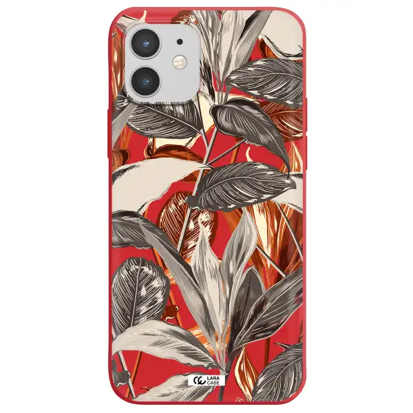 Brown Tropical Leaves Apple iPhone 12 Silicone Imperial Red Case