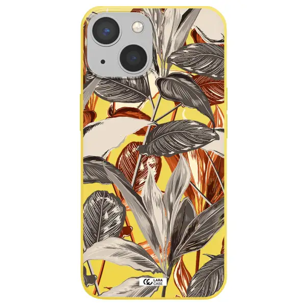 Brown Tropical Leaves Apple iPhone 13 mini Silicone canary yellow Case