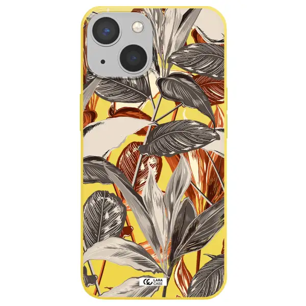 Brown Tropical Leaves Apple iPhone 13 Silicone canary yellow Case