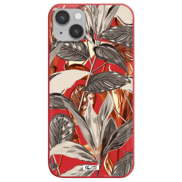 Brown Tropical Leaves Apple iPhone 14 plus Silicone Imperial Red Case