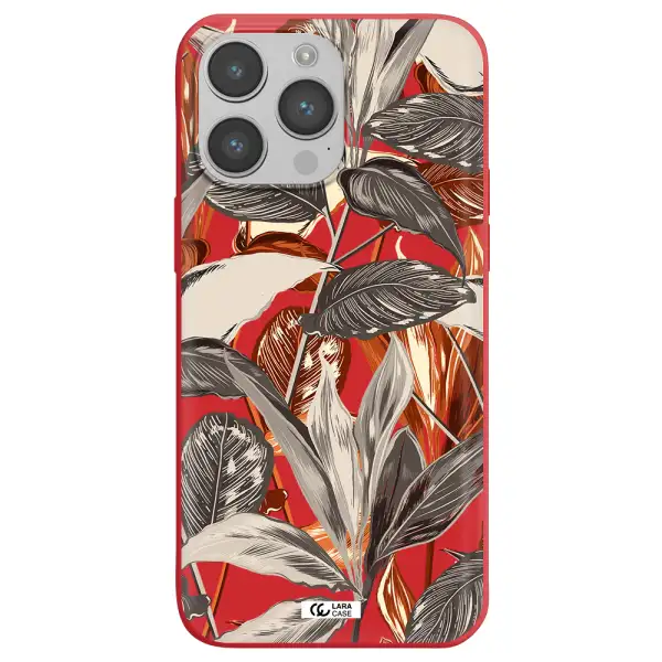 Brown Tropical Leaves Apple iPhone 14 pro Silicone Imperial Red Case