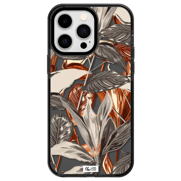 Brown Tropical Leaves Apple iPhone 15 Pro Max impact Smoke Black Case