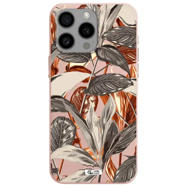 Brown Tropical Leaves Apple Iphone 15 Pro max Silicone pastel pink Case