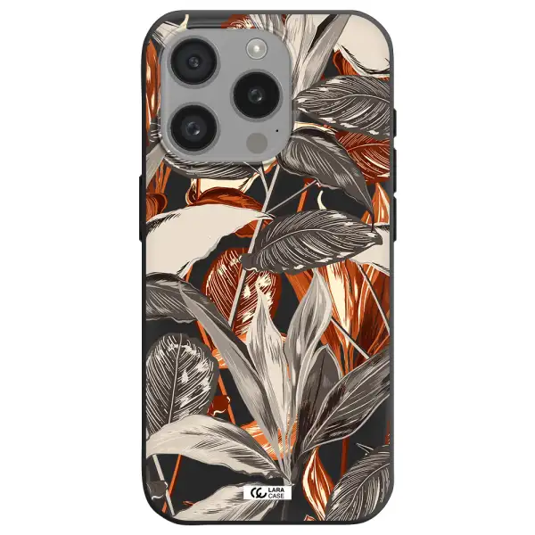 Brown Tropical Leaves Apple Iphone 15 Pro Silicone Black Case