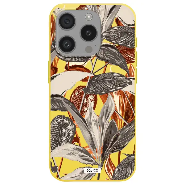 Brown Tropical Leaves Apple Iphone 15 Pro Silicone Canary Yellow Case