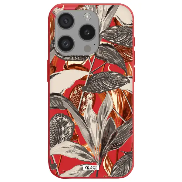 Brown Tropical Leaves Apple Iphone 15 Pro Silicone Imperial Red Case