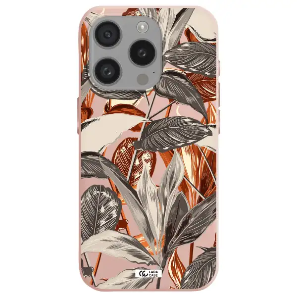 Brown Tropical Leaves Apple Iphone 15 Pro Silicone Pastel Pink Case